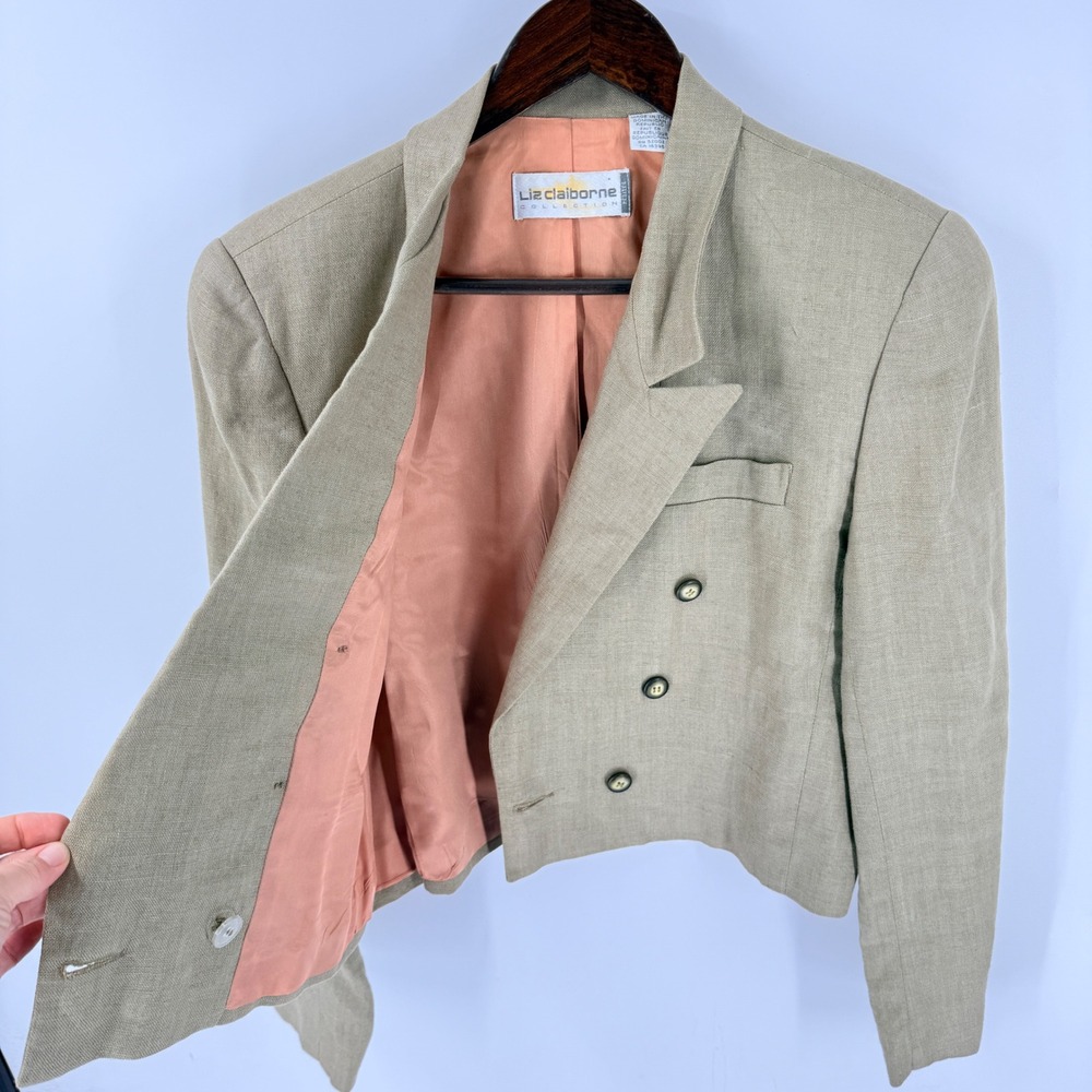 Vintage Liz Claiborne Blazer Tan 10P 100% Linen Cropped Quiet Luxury Sustainable - Picture 7 of 11